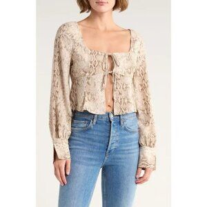 Leith Tie Front Snake Print Long Sleeve Top Beige Tan Size S NWT